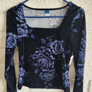 NWT Navy Blue Velvet Floral Long Sleeve Blouse Top Sz S